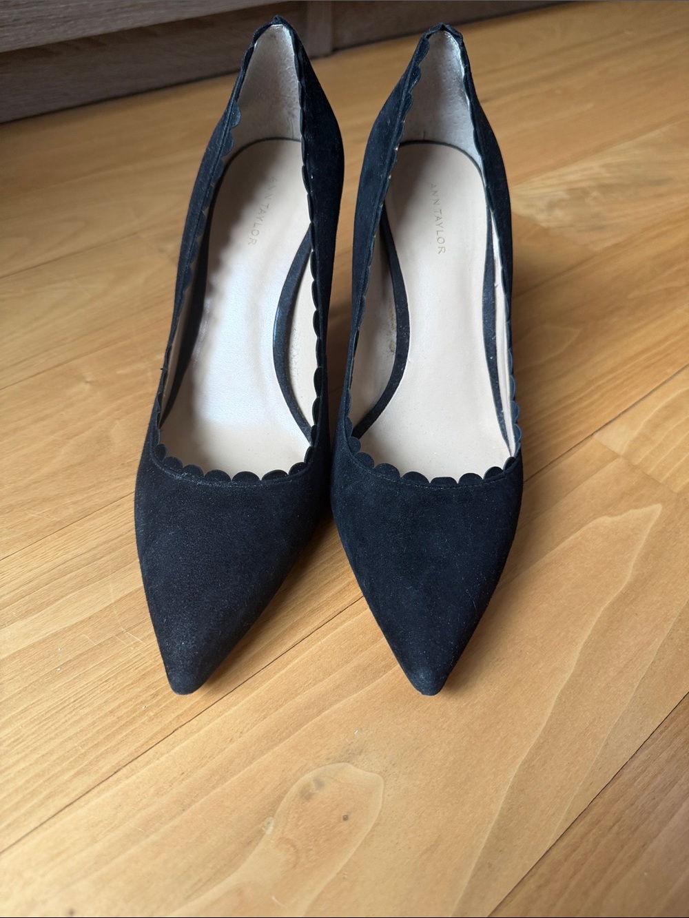 Ann Taylor Black Suede Scalloped Pointed-Toe Heels